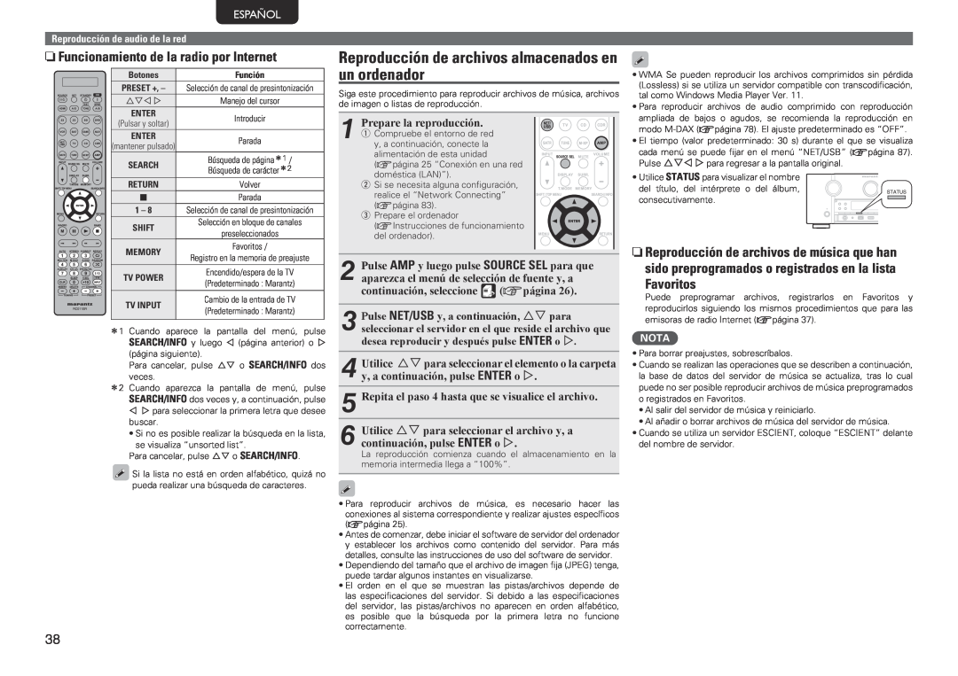 Marantz SR7005 manual nnFuncionamiento de la radio por Internet, Español 