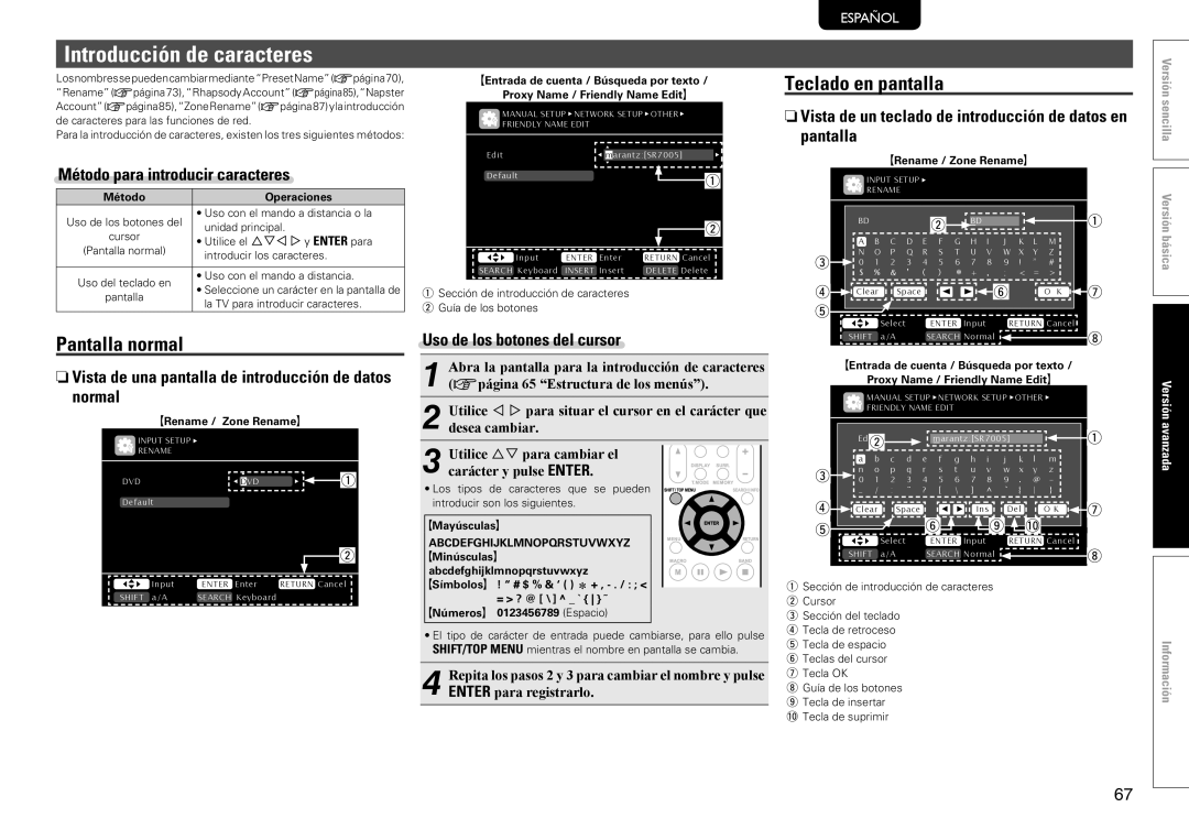 Marantz SR7005 manual Introducción de caracteres, Pantalla normal, Teclado en pantalla, Método para introducir caracteres 