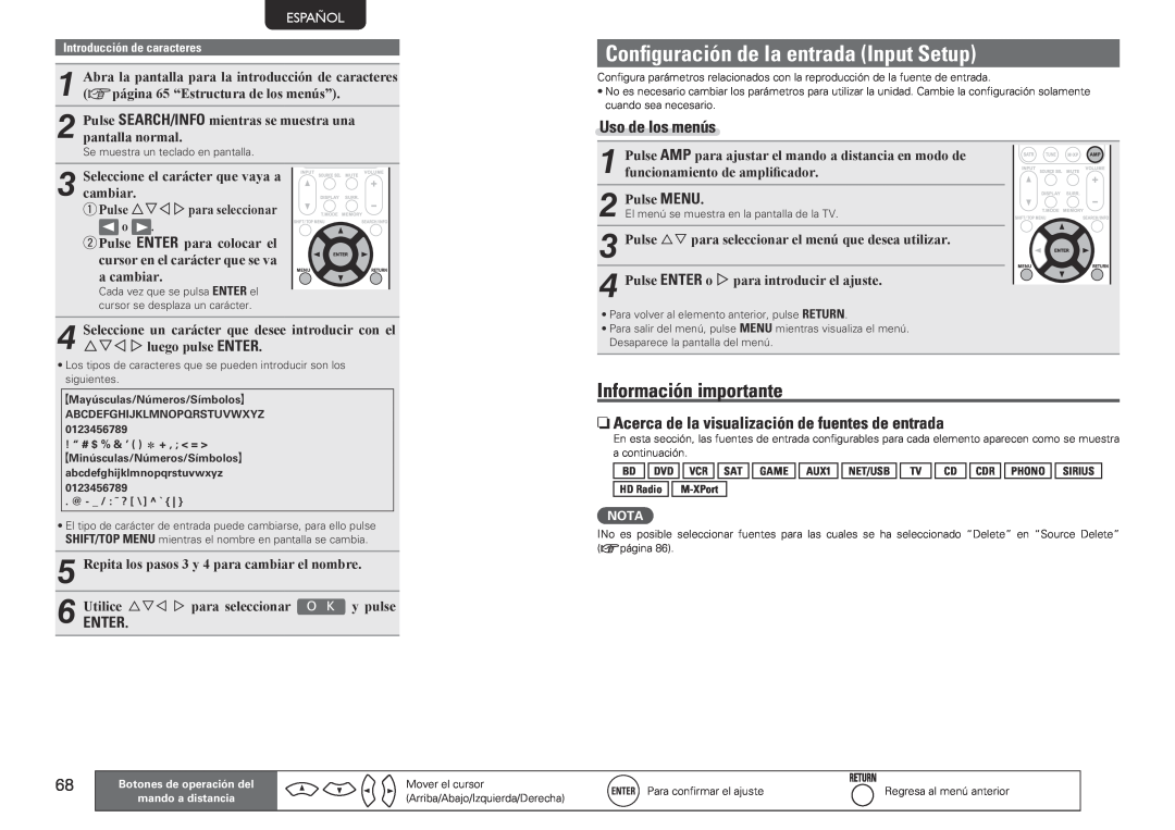 Marantz SR7005 manual Configuración de la entrada Input Setup, Información importante, Uso de los menús, Enter, Español 