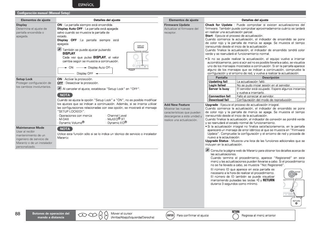 Marantz SR7005 Español, Nota, Configuración manual Manual Setup, Elementos de ajuste 