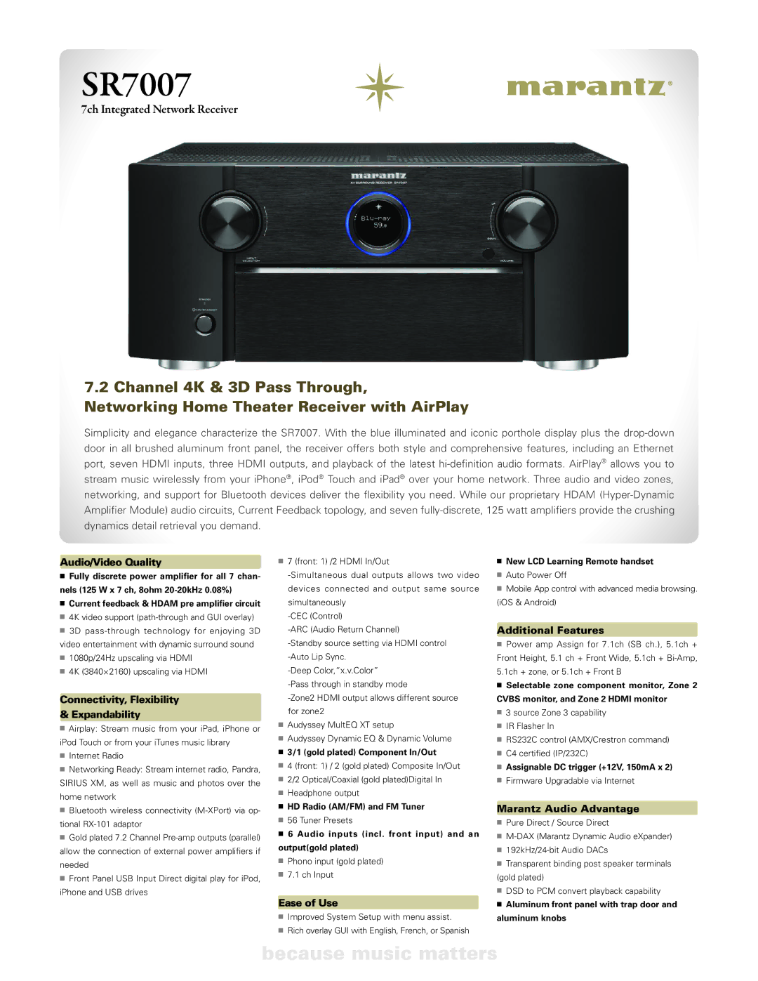 Marantz SR7007 manual Audio/Video Quality, Connectivity, Flexibility Expandability, Ease of Use, Additional Features 