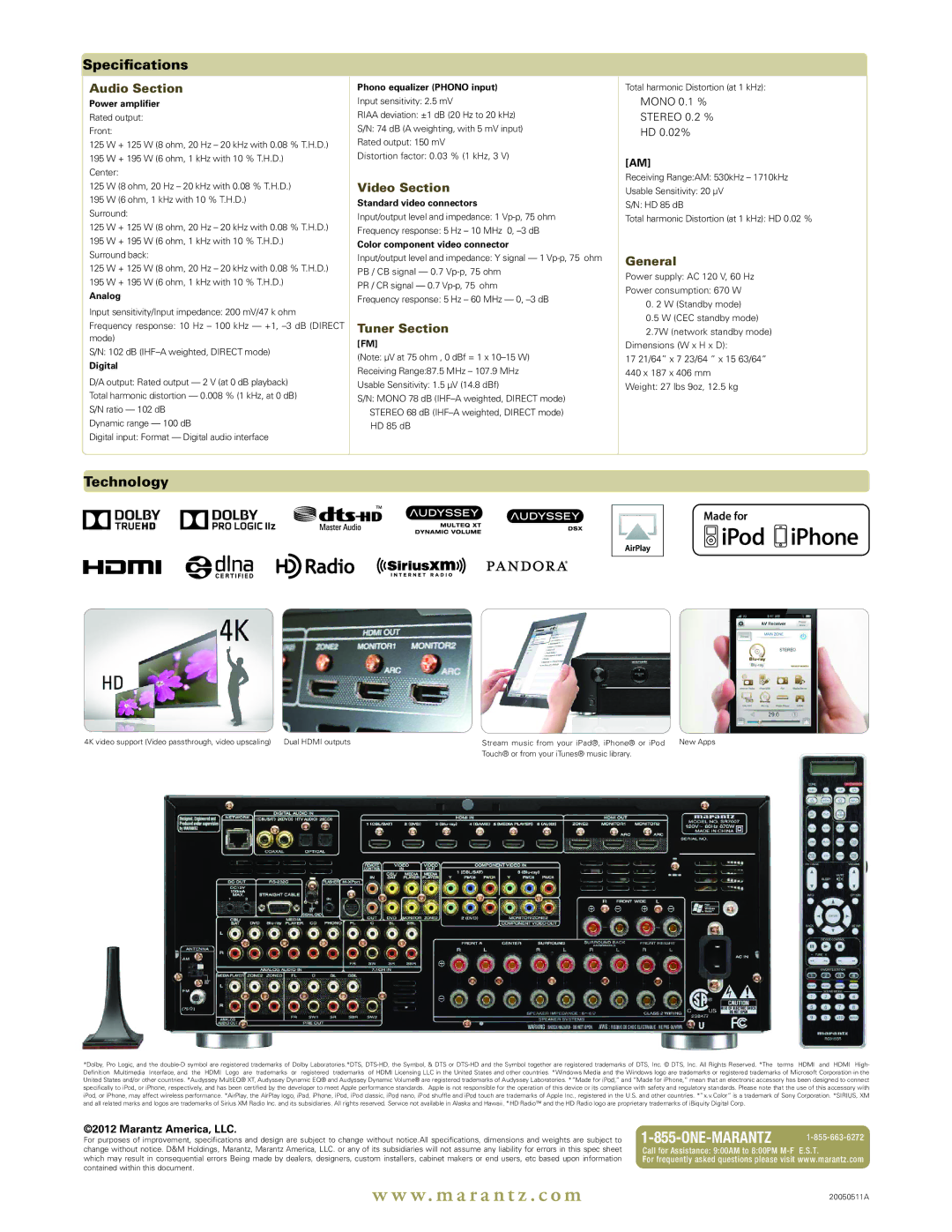 Marantz SR7007 manual Audio Section, Video Section, Tuner Section, General 