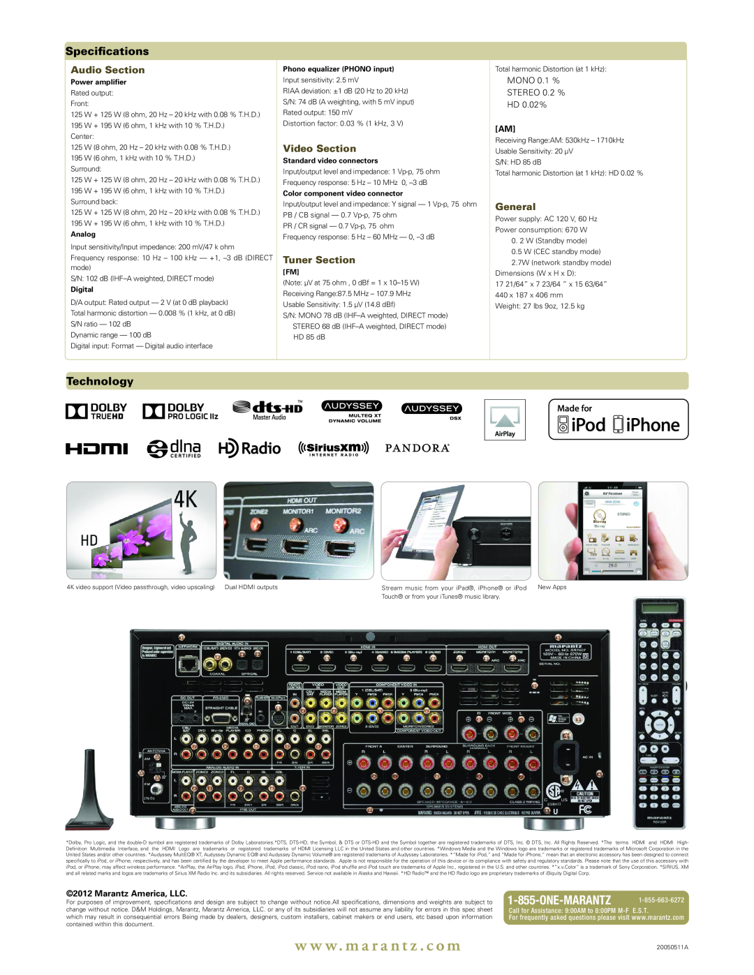 Marantz SR7007 manual One-Marantz, Specifications, Technology, Audio Section, Video Section, Tuner Section, General, Analog 