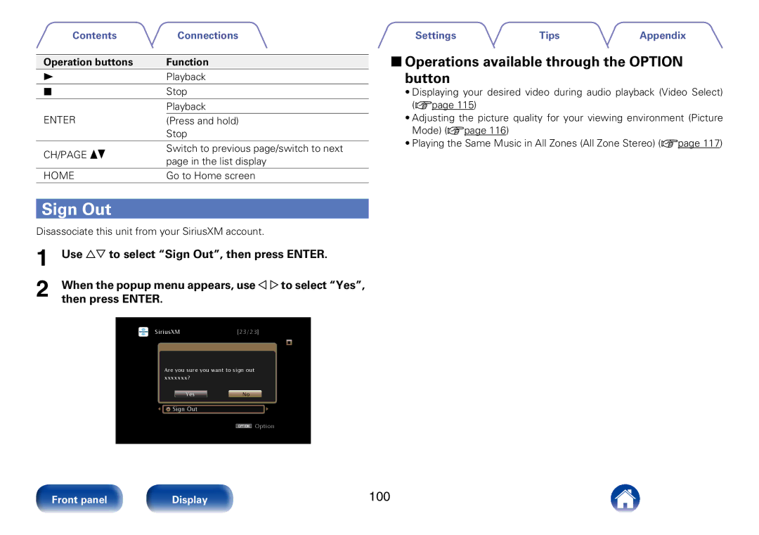 Marantz SR7008 appendix 100, Disassociate this unit from your SiriusXM account 