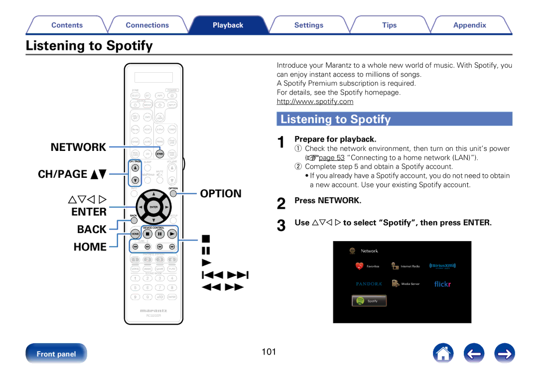 Marantz SR7008 appendix Listening to Spotify, 101, Use uio p to select Spotify, then press Enter 