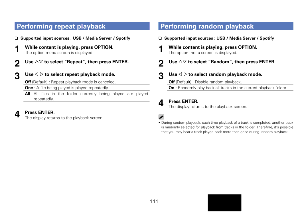 Marantz SR7008 111, While content is playing, press Option, Nn Supported input sources USB / Media Server / Spotify 