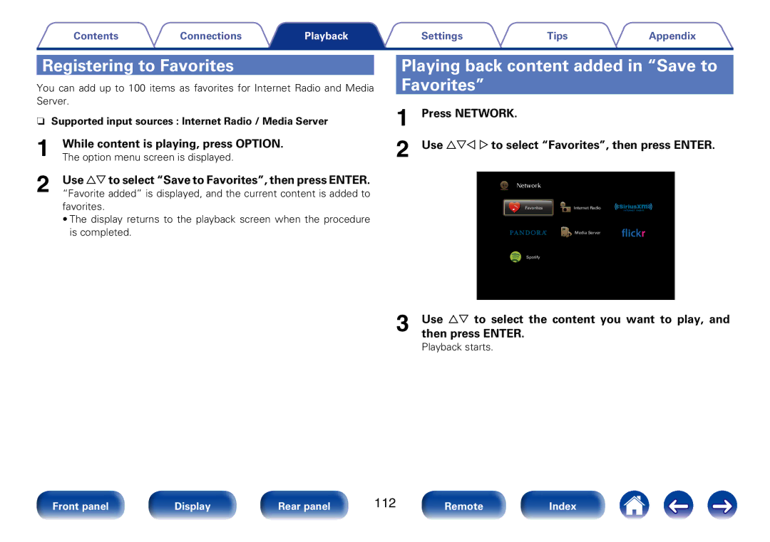 Marantz SR7008 appendix Registering to Favorites, Playing back content added in Save to Favorites, 112 