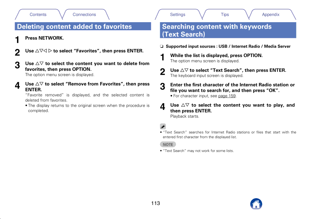 Marantz SR7008 appendix Deleting content added to favorites, Searching content with keywords Text Search, 113 