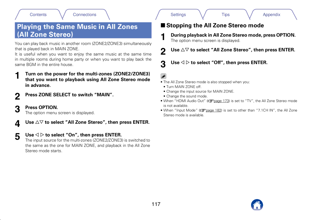 Marantz SR7008 appendix Playing the Same Music in All Zones All Zone Stereo, 22Stopping the All Zone Stereo mode, 117 