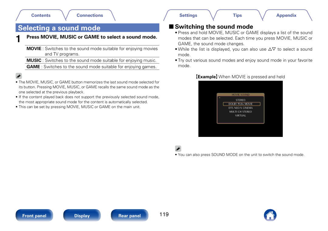 Marantz SR7008 Selecting a sound mode, 22Switching the sound mode, 119, Press MOVIE, Music or Game to select a sound mode 