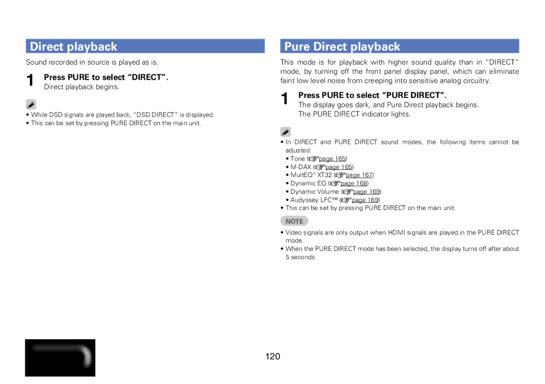 Marantz SR7008 appendix Pure Direct playback, 120, Press Pure to select Direct, Press Pure to select Pure Direct 