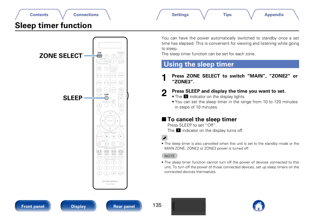 Marantz SR7008 appendix Sleep timer function, Using the sleep timer, 22To cancel the sleep timer, 135 