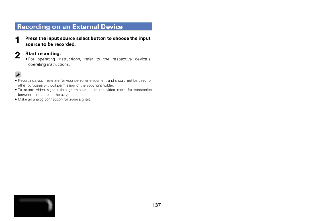 Marantz SR7008 appendix Recording on an External Device, 137, Operating instructions 