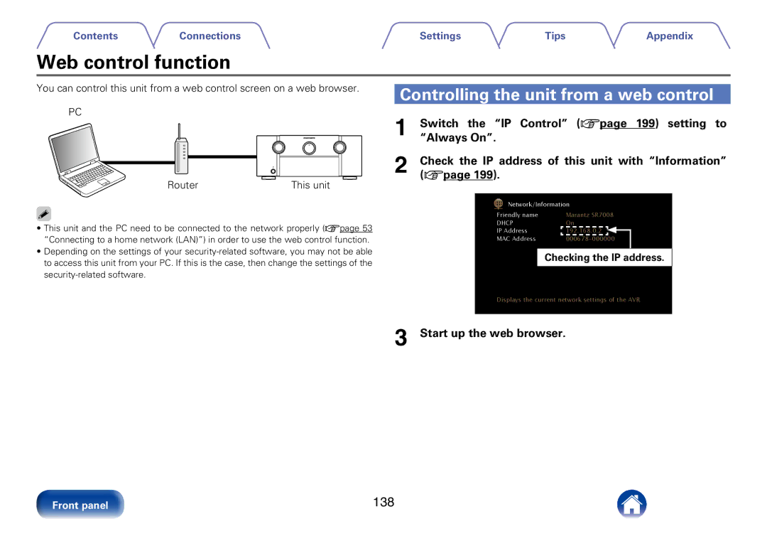 Marantz SR7008 appendix Web control function, Controlling the unit from a web control, 138, Start up the web browser 