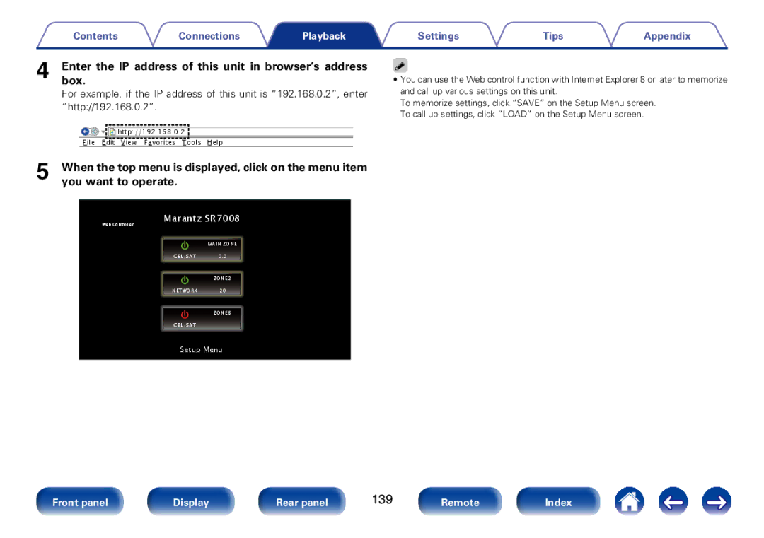 Marantz SR7008 appendix 139, Enterbox. the IP address of this unit in browser’s address, You want to operate 