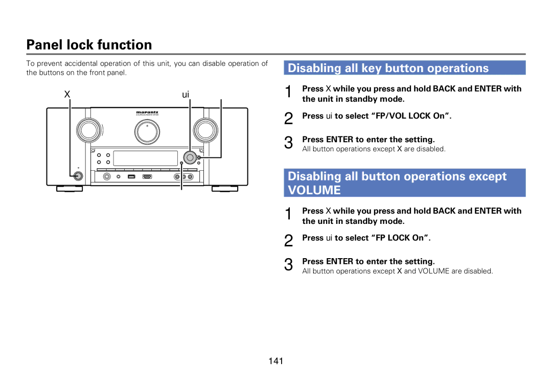 Marantz SR7008 Panel lock function, Disabling all key button operations, Disabling all button operations except, Ui Enter 