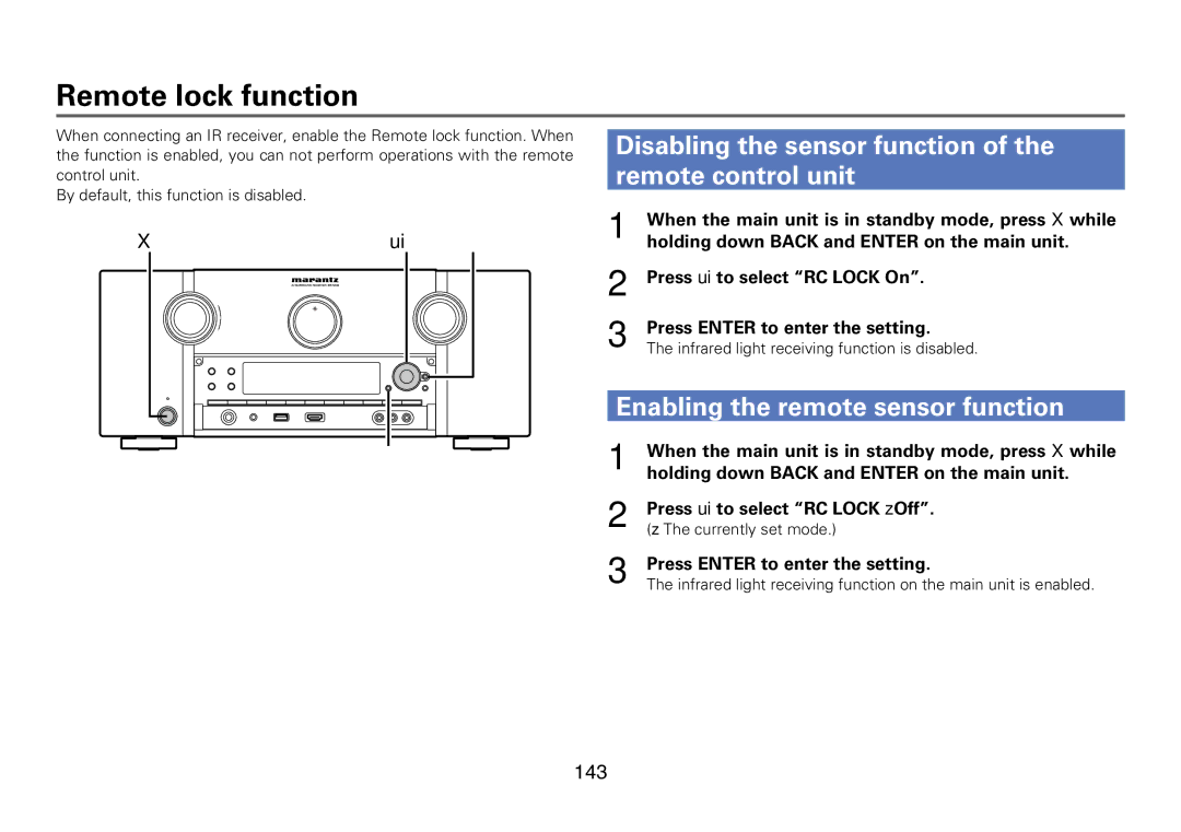 Marantz SR7008 appendix Remote lock function, Disabling the sensor function of the remote control unit, 143 