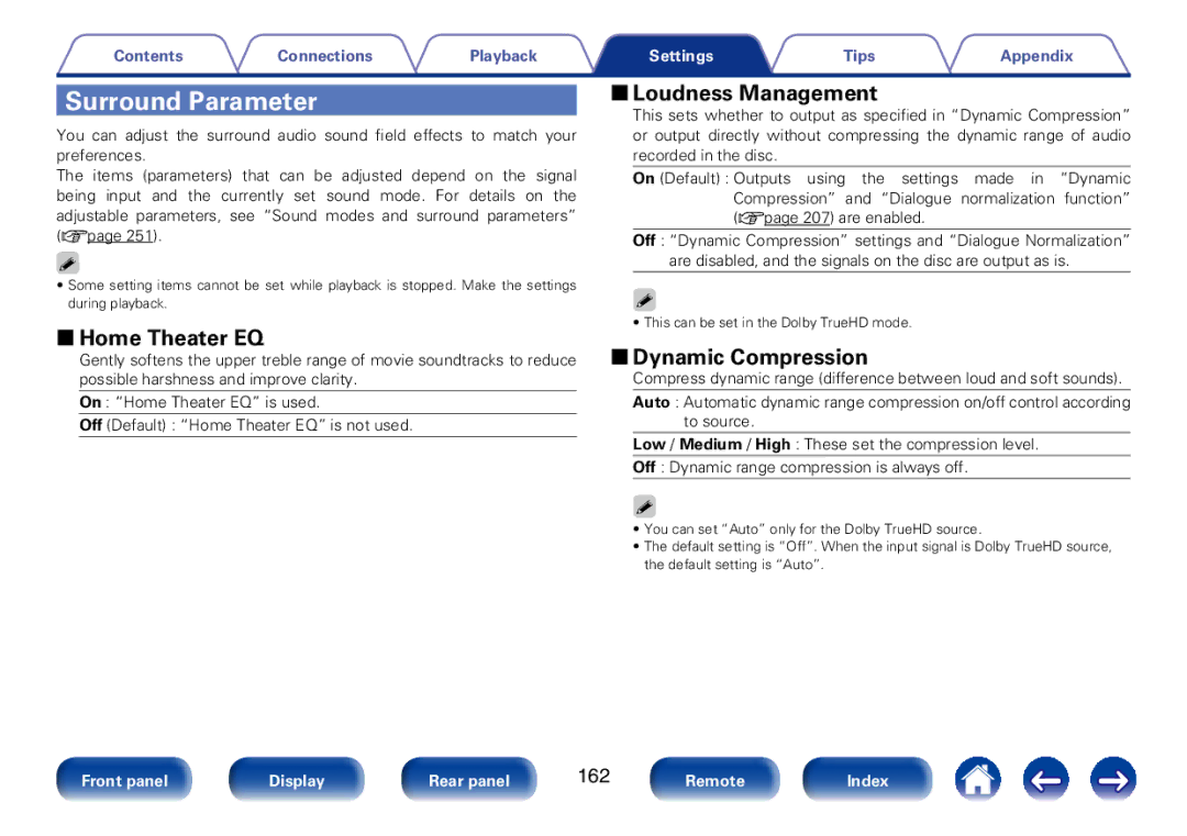 Marantz SR7008 appendix Surround Parameter, 22Home Theater EQ, 22Loudness Management, 22Dynamic Compression, 162 