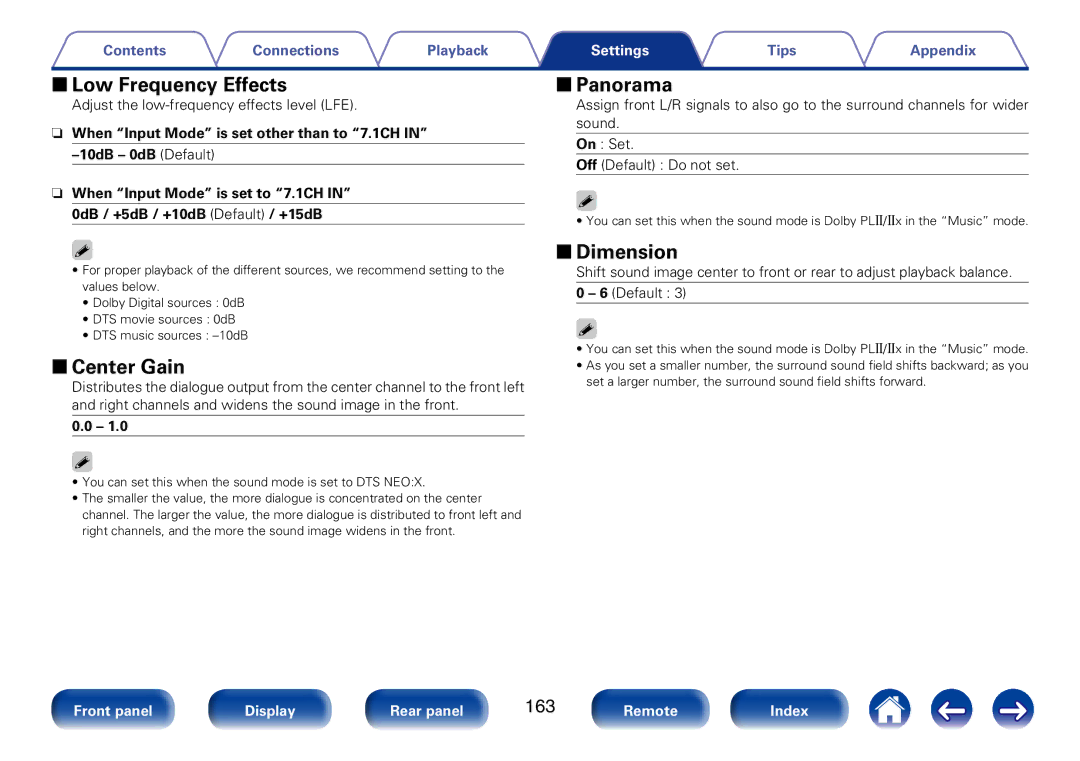 Marantz SR7008 appendix 22Low Frequency Effects, 22Panorama, 22Center Gain, 22Dimension, 163 