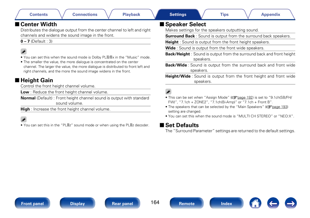 Marantz SR7008 appendix 22Center Width, 22Height Gain, 22Speaker Select, 22Set Defaults, 164 