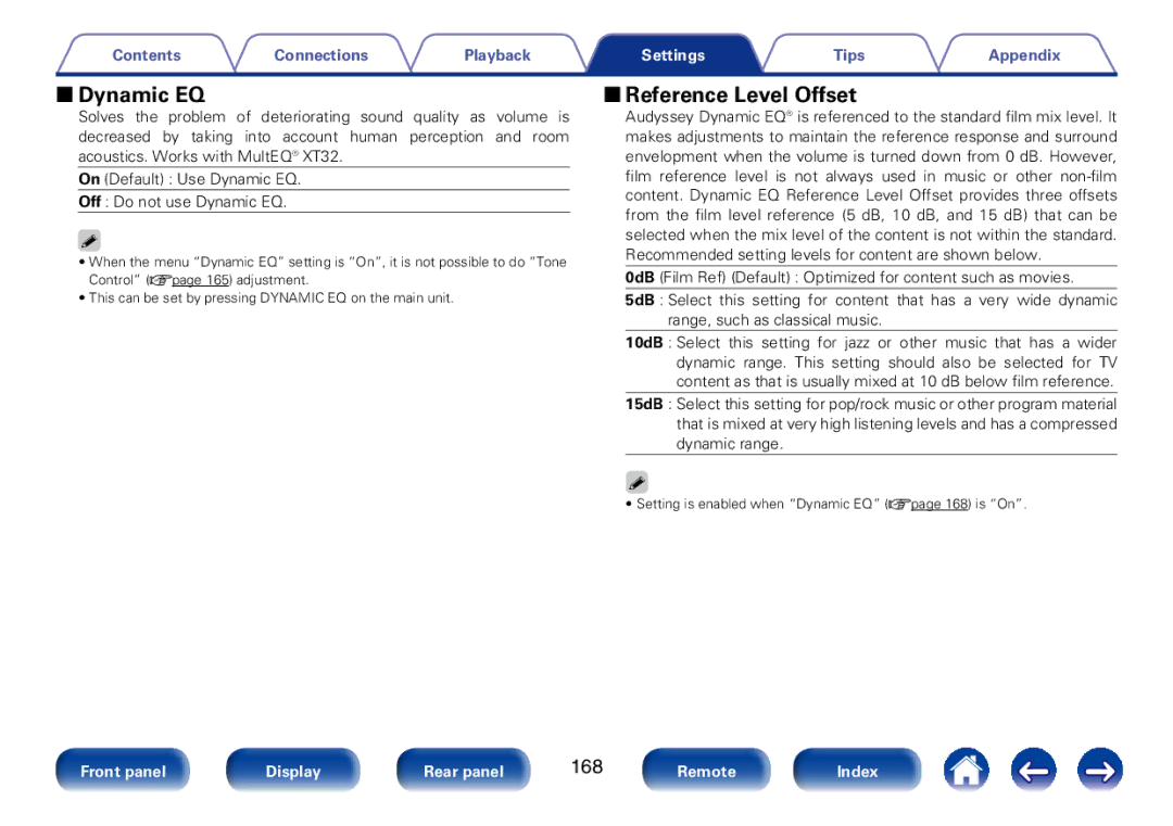Marantz SR7008 appendix 22Dynamic EQ, 22Reference Level Offset, 168 
