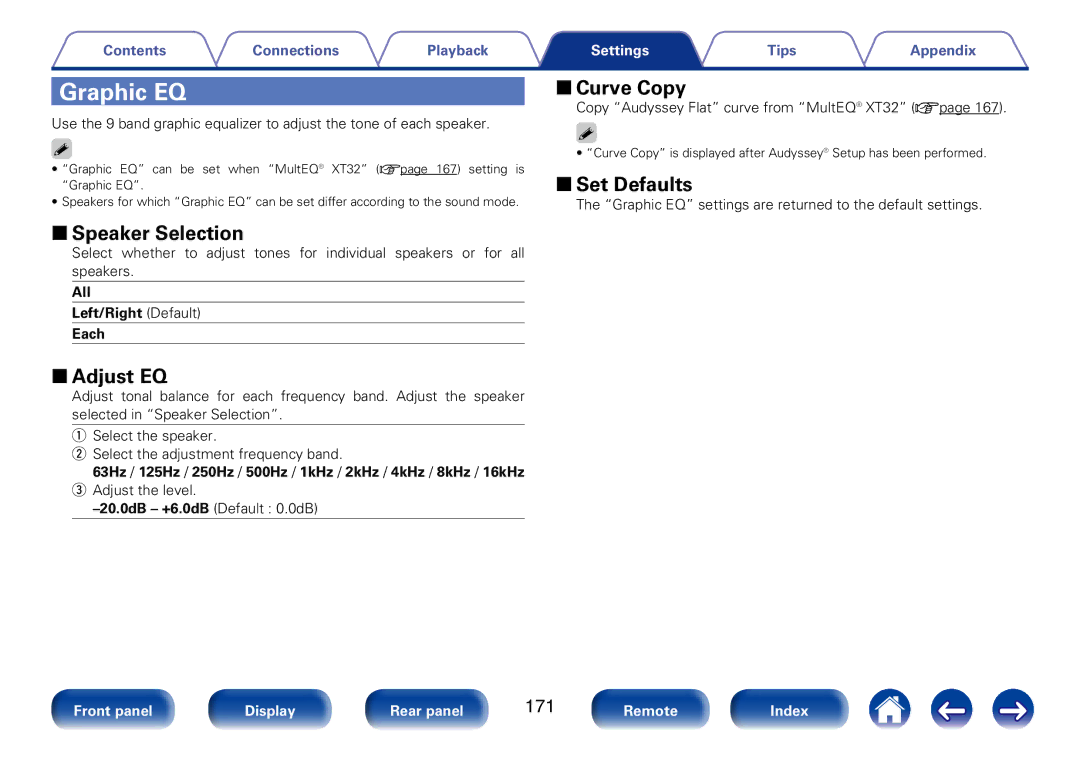 Marantz SR7008 appendix Graphic EQ, 22Curve Copy, 22Speaker Selection, 22Adjust EQ, 171 