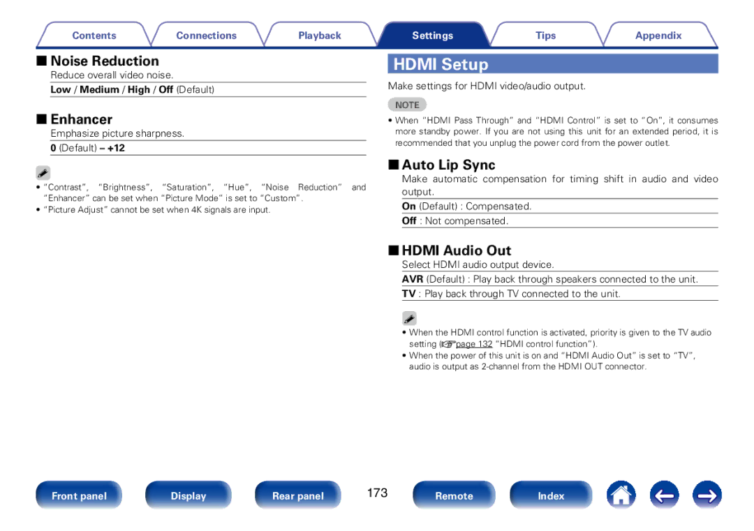 Marantz SR7008 appendix Hdmi Setup, 22Noise Reduction, 22Enhancer, 22Auto Lip Sync, 22HDMI Audio Out 