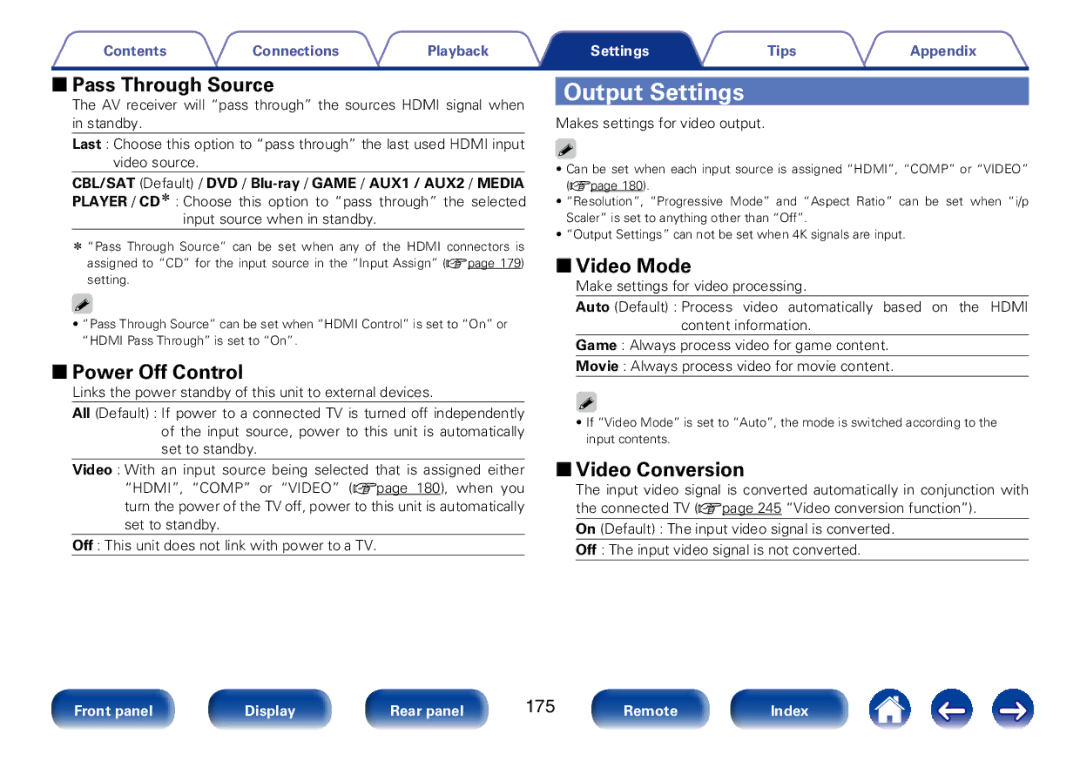 Marantz SR7008 appendix Output Settings, 22Pass Through Source, 22Power Off Control, 22Video Mode, 22Video Conversion 