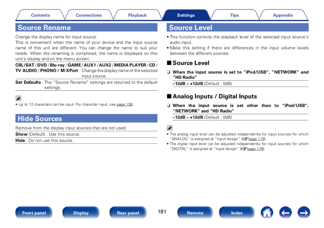 Marantz SR7008 appendix Source Rename, Hide Sources, 22Source Level, 22Analog Inputs / Digital Inputs 