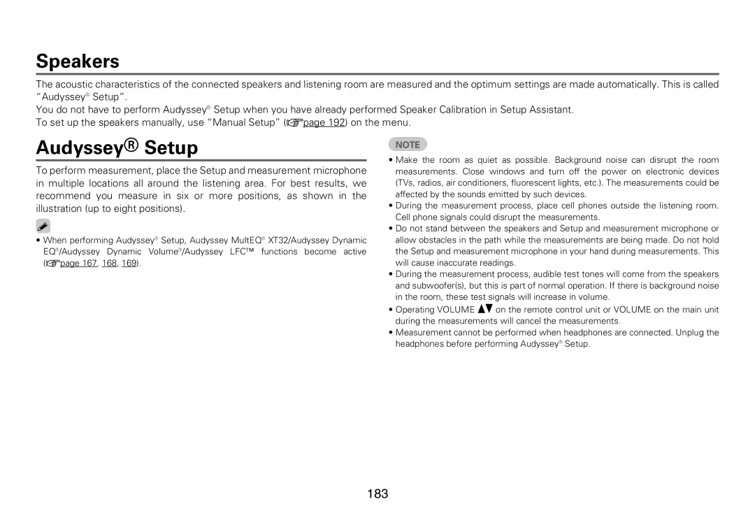 Marantz SR7008 appendix Speakers, Audyssey Setup, 183 