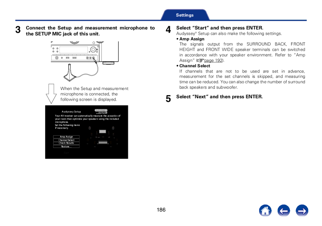 Marantz SR7008 186, Select Start and then press Enter, Select Next and then press Enter, Amp Assign, Channel Select 