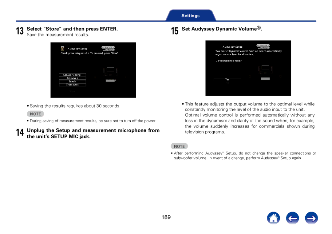 Marantz SR7008 appendix 189, Set Audyssey Dynamic Volume, Saving the results requires about 30 seconds 