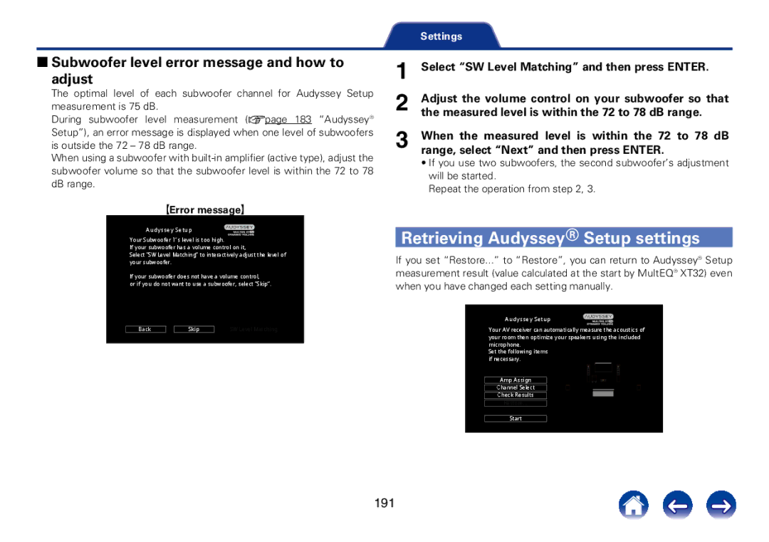 Marantz SR7008 appendix Retrieving Audyssey Setup settings, 22Subwoofer level error message and how to adjust, 191 