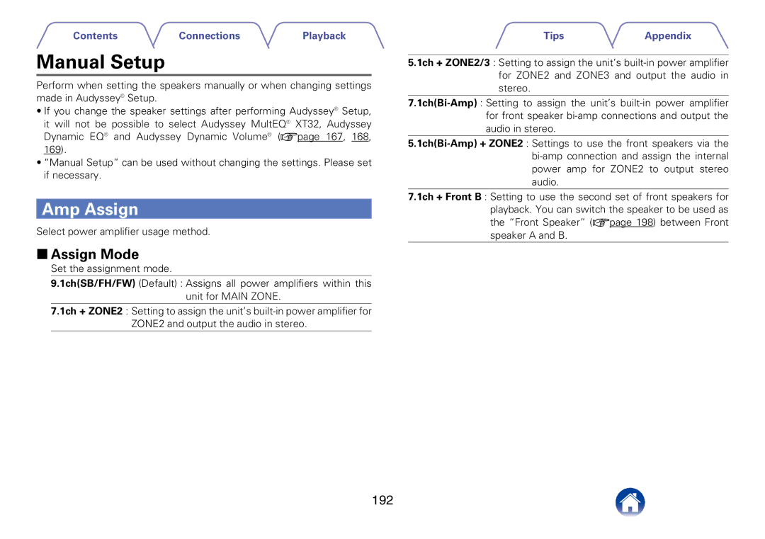 Marantz SR7008 appendix Manual Setup, Amp Assign, 22Assign Mode, 192, For ZONE2 and ZONE3 and output the audio 