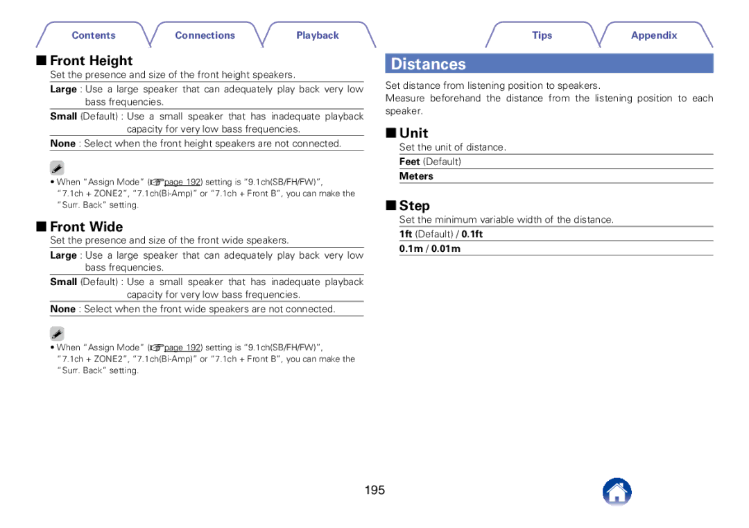 Marantz SR7008 appendix Distances, 22Front Height, 22Front Wide, 22Unit, 22Step 