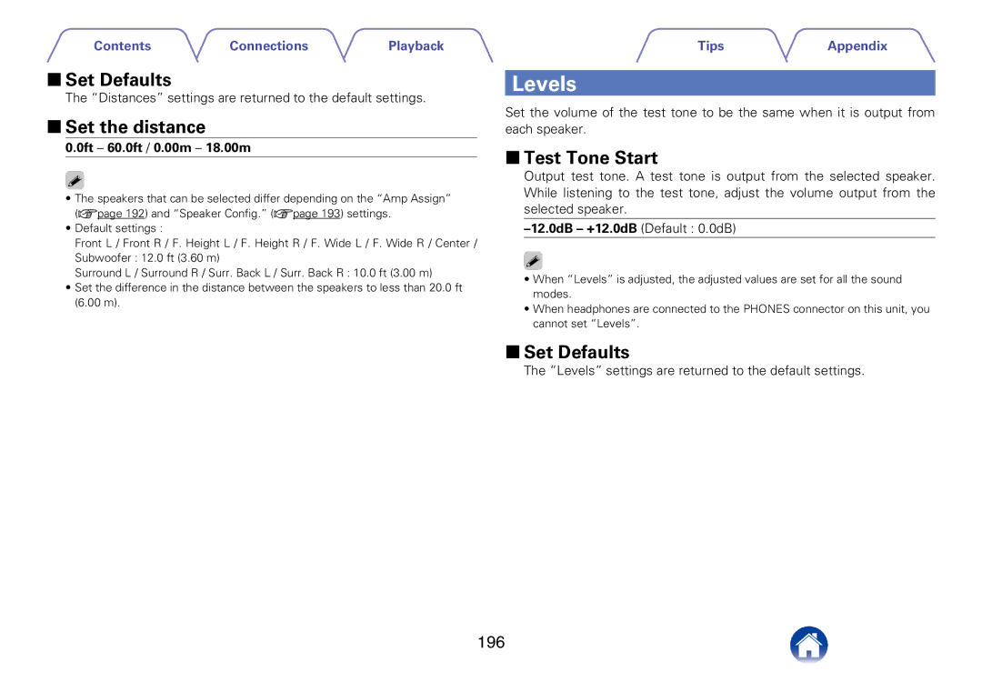 Marantz SR7008 appendix Levels, 22Set the distance, 22Test Tone Start, 196, 0ft 60.0ft / 0.00m 18.00m 