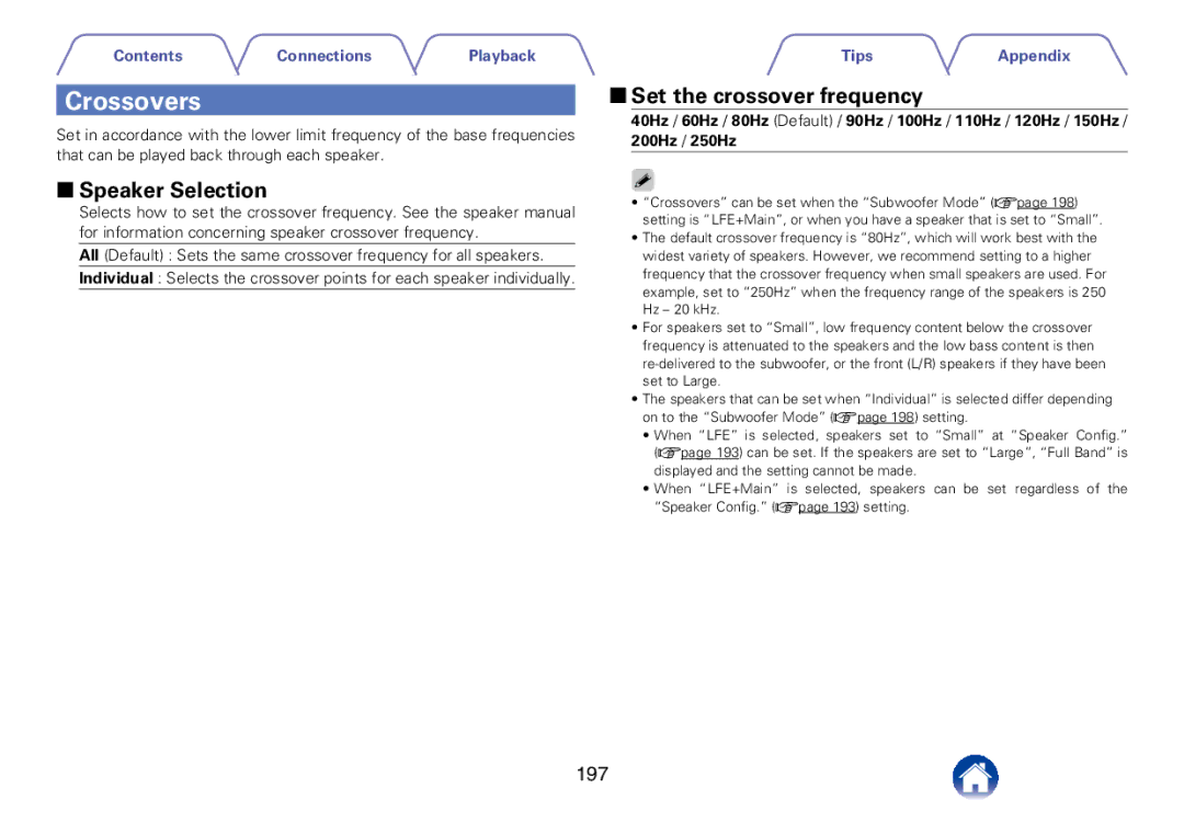 Marantz SR7008 appendix Crossovers, 22Set the crossover frequency, 197 