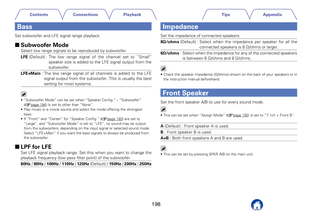 Marantz SR7008 appendix Bass, Impedance, Front Speaker, 22Subwoofer Mode, 22LPF for LFE 