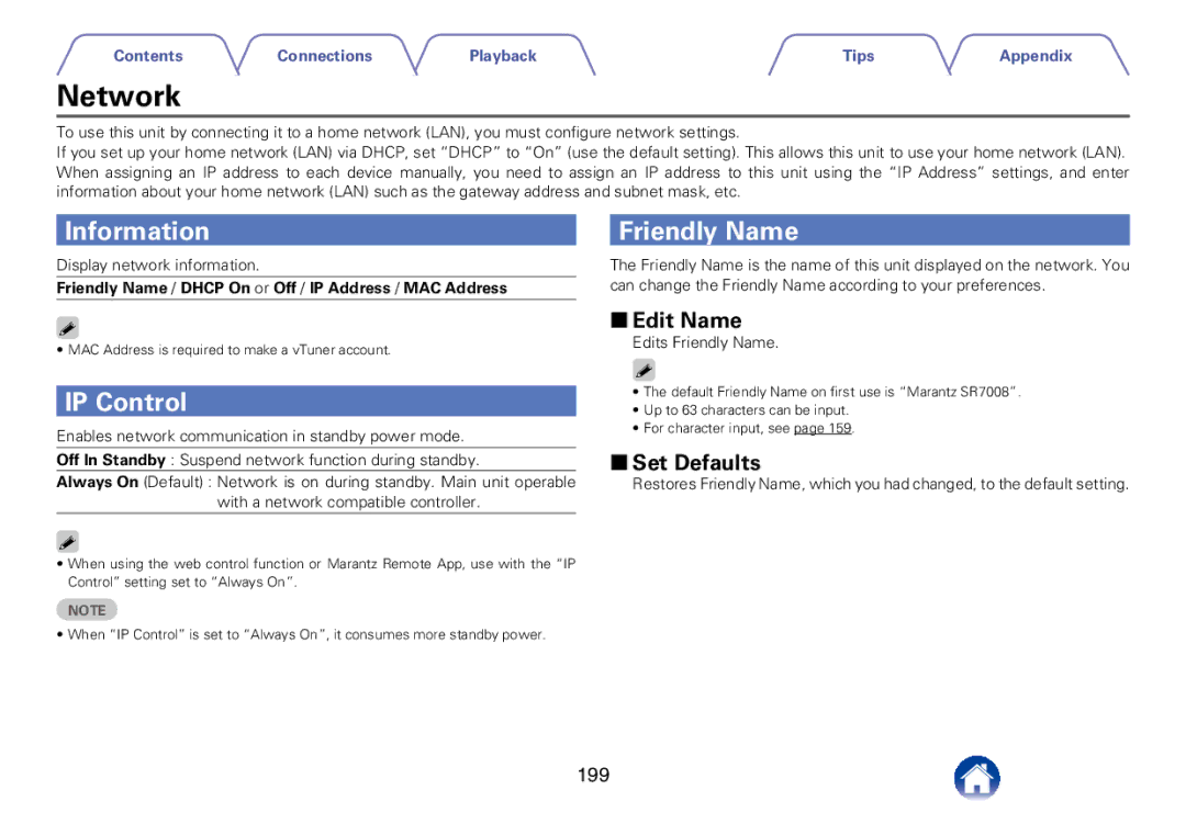Marantz SR7008 appendix Information Friendly Name, IP Control, 22Edit Name, 199 