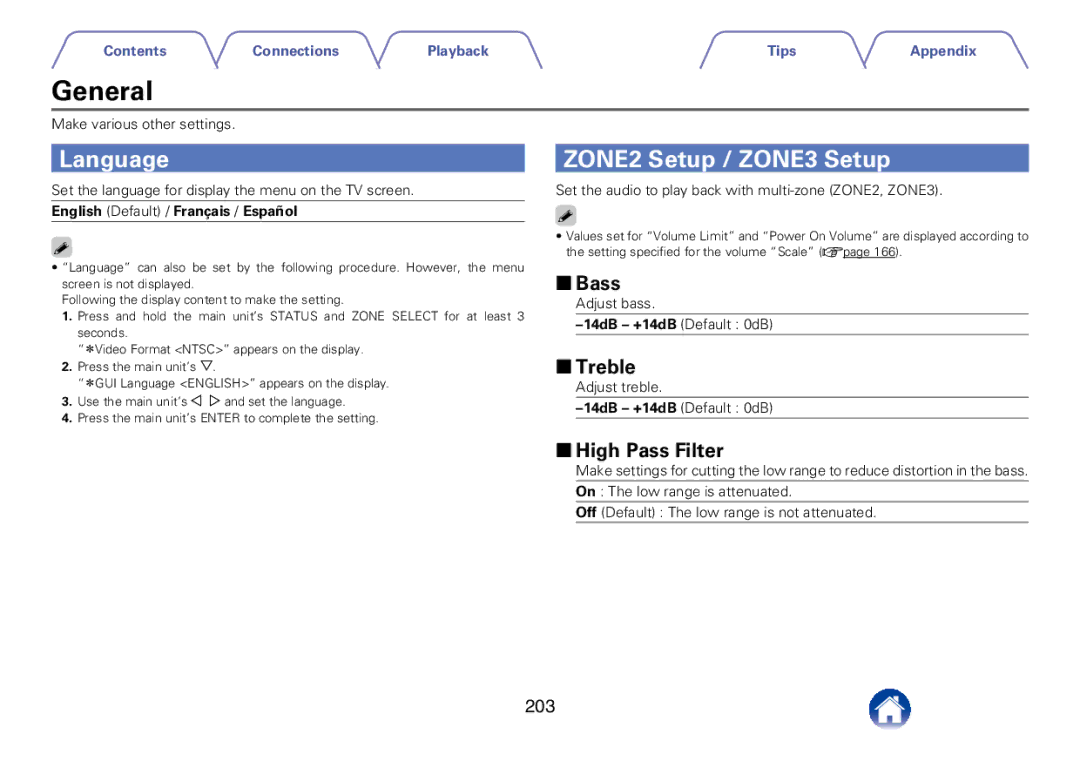 Marantz SR7008 appendix General, Language, ZONE2 Setup / ZONE3 Setup, 22High Pass Filter, 203 
