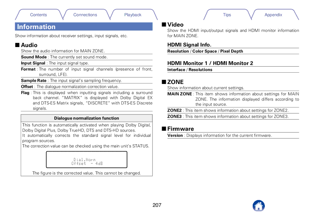 Marantz SR7008 appendix Information, 22Firmware, Hdmi Signal Info, Hdmi Monitor 1 / Hdmi Monitor, 207 