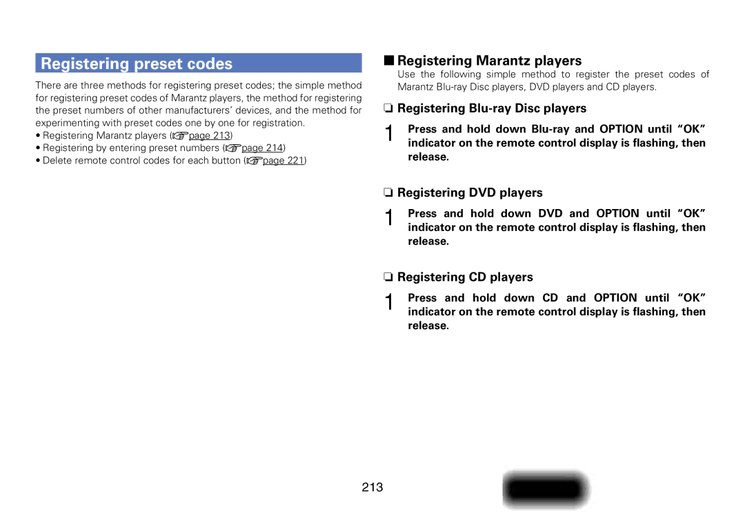 Marantz SR7008 appendix Registering preset codes, 22Registering Marantz players, 213 