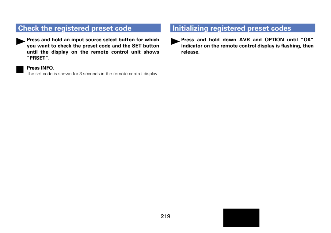 Marantz SR7008 appendix Check the registered preset code, Initializing registered preset codes, 219 