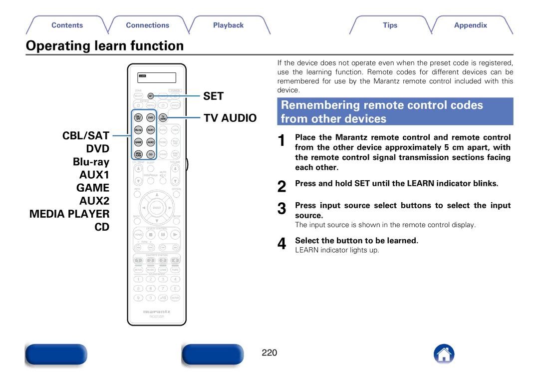 Marantz SR7008 appendix Operating learn function, Remembering remote control codes from other devices, 220 