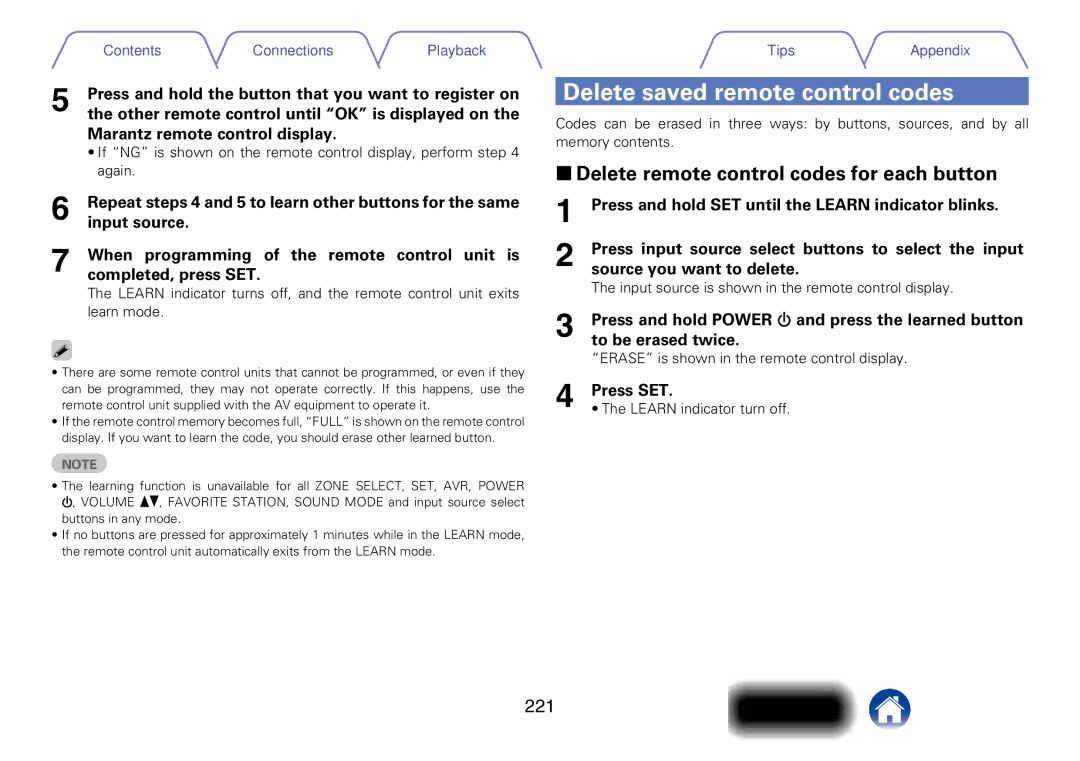 Marantz SR7008 appendix Delete saved remote control codes, 22Delete remote control codes for each button, 221 