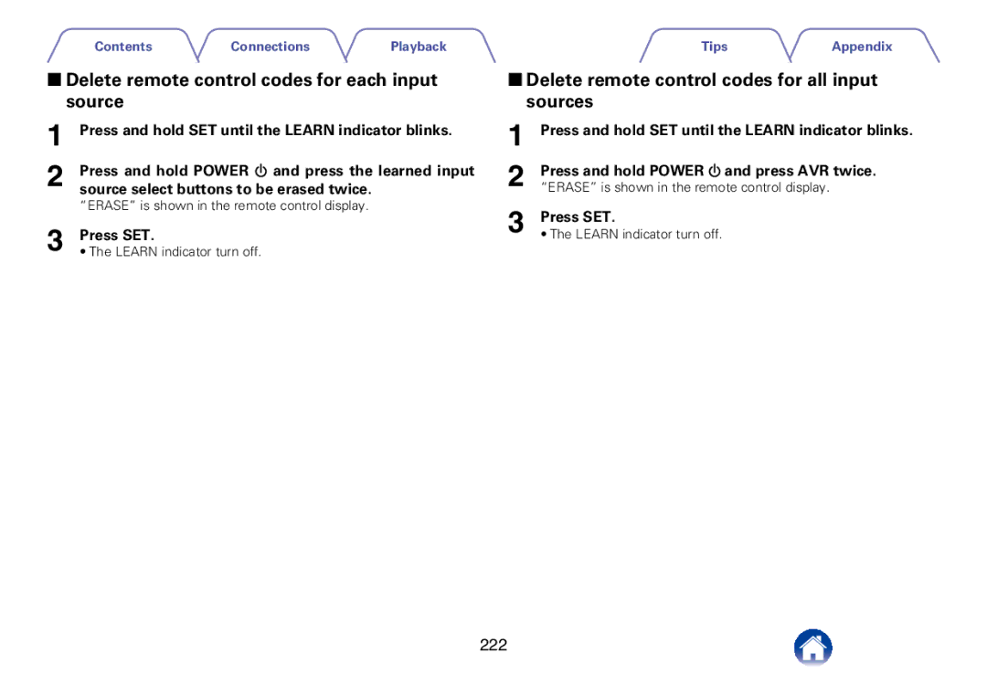 Marantz SR7008 22Delete remote control codes for each input source, 22Delete remote control codes for all input sources 