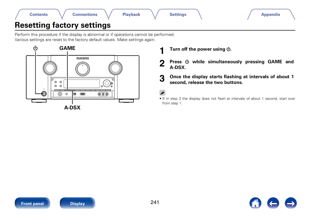 Marantz SR7008 appendix Resetting factory settings, 241 