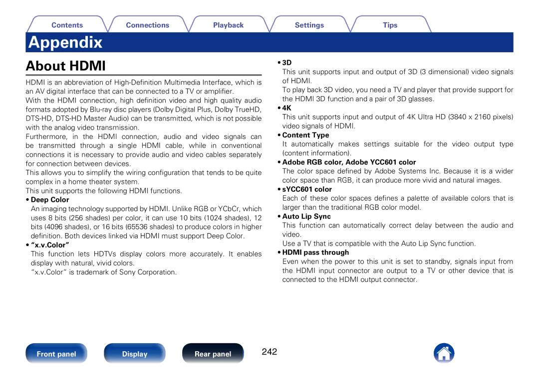 Marantz SR7008 appendix About Hdmi, 242 
