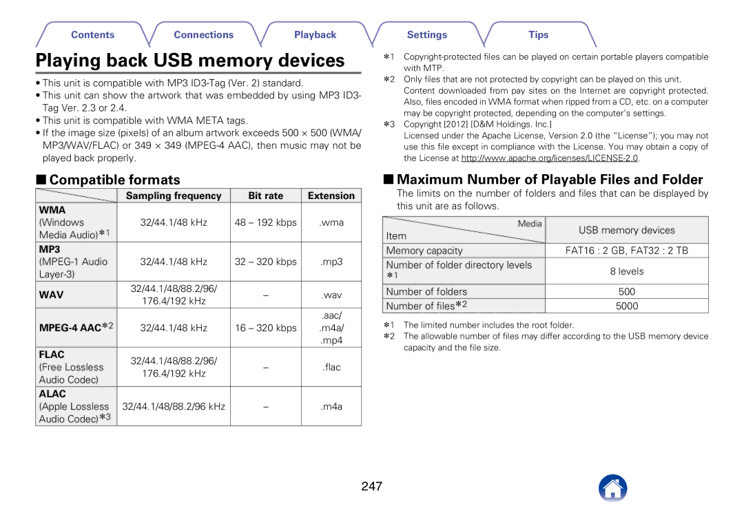 Marantz SR7008 Playing back USB memory devices, 22Compatible formats, 22Maximum Number of Playable Files and Folder, 247 