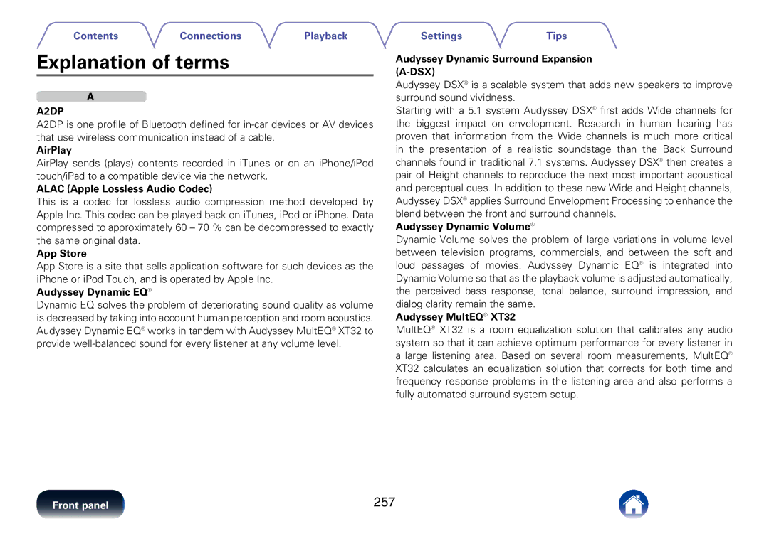 Marantz SR7008 appendix Explanation of terms, 257, A2DP 